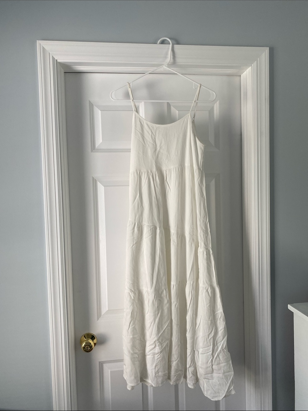 Women's White Tiered Maxi Slip Dress with Spaghetti Straps - Picture 1 of 2